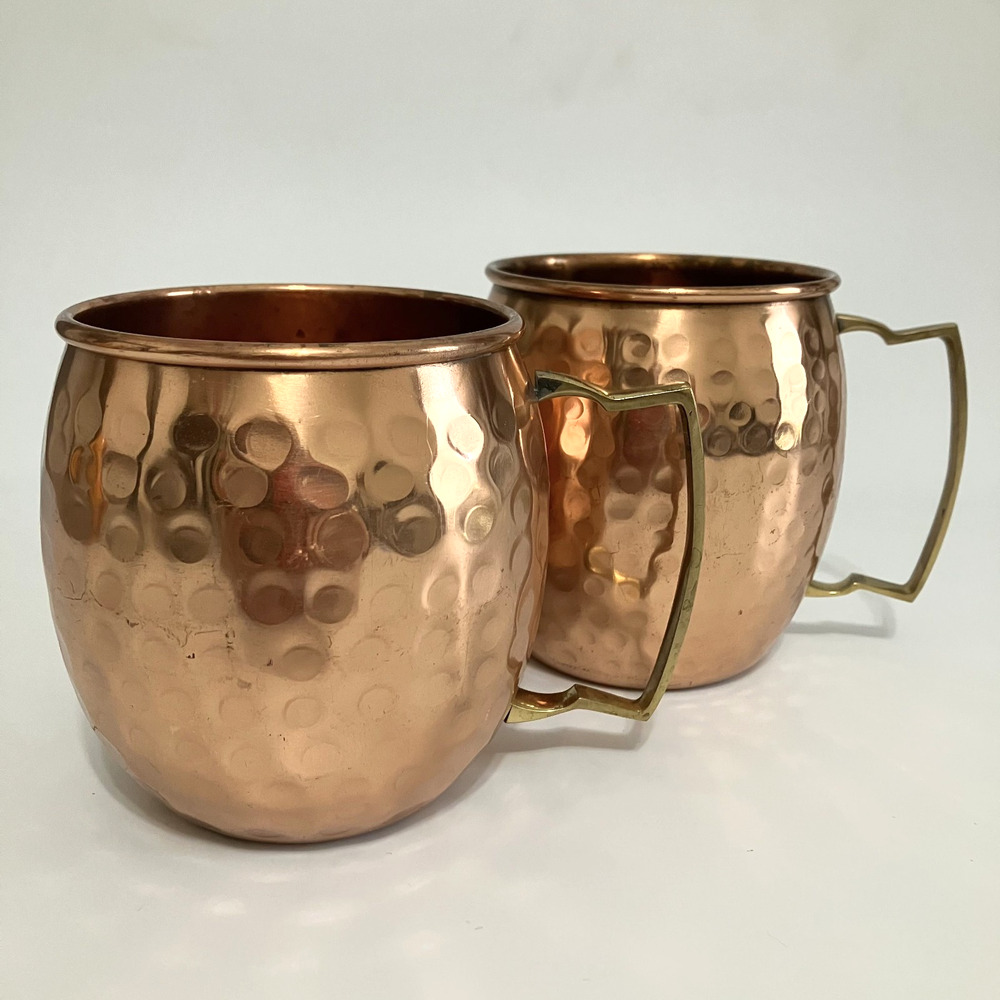 Pair Hammered Copper Moscow Mule Mugs Brass Handles Barware Drink Cups